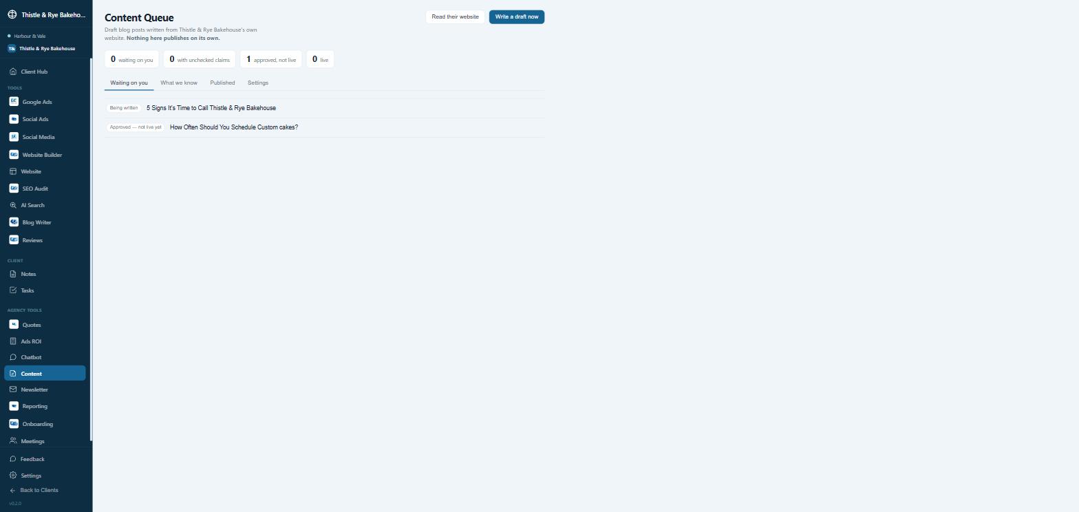 AI-drafted pages moving from being written to approved, each traceable back to what the business's own site says