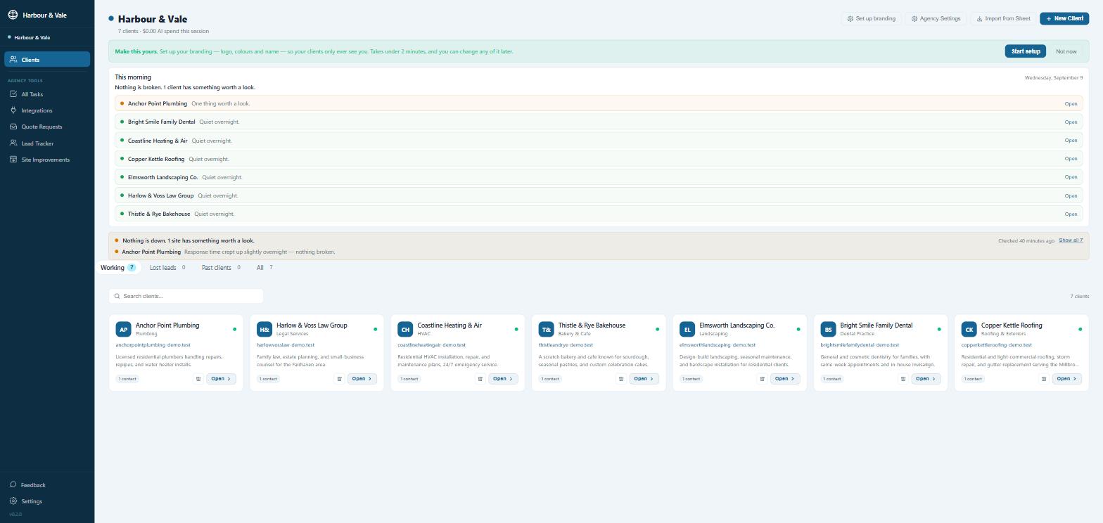 The Deep Current agency dashboard listing seven client businesses with an overnight status for each