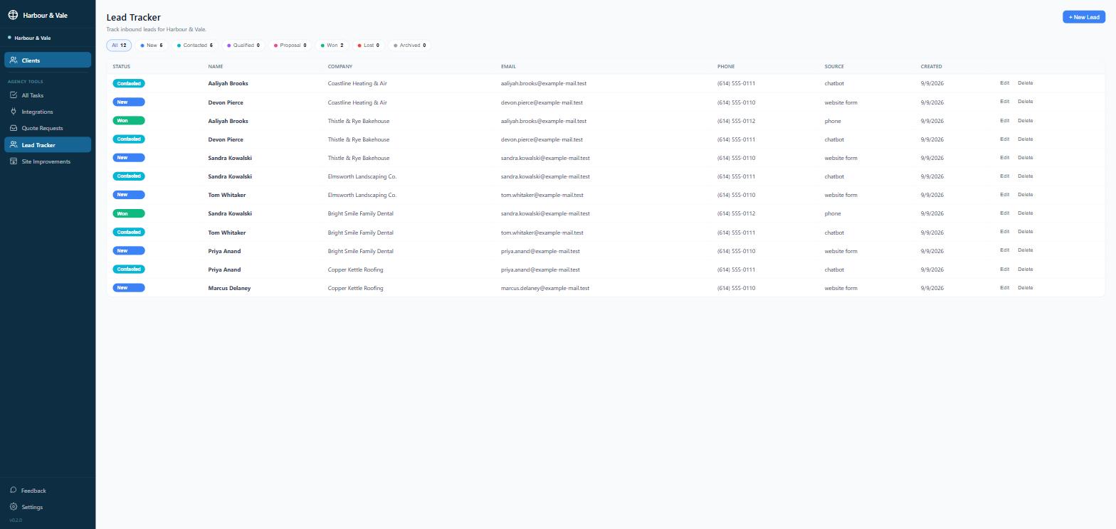Every enquiry from an invented set of businesses in one list, with status, where each came from and contact details