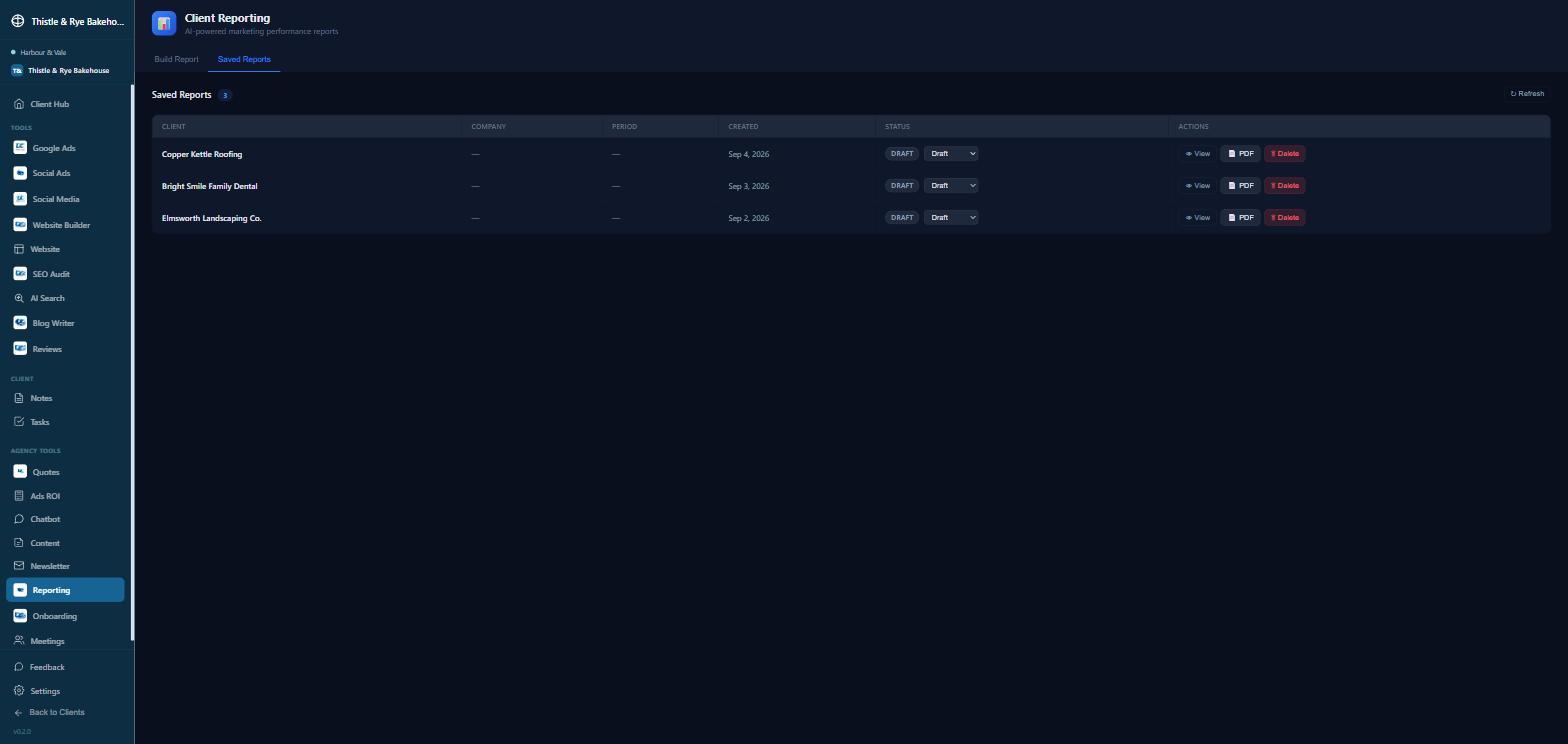 Saved reports ready to view or export, showing what changed in the account over time