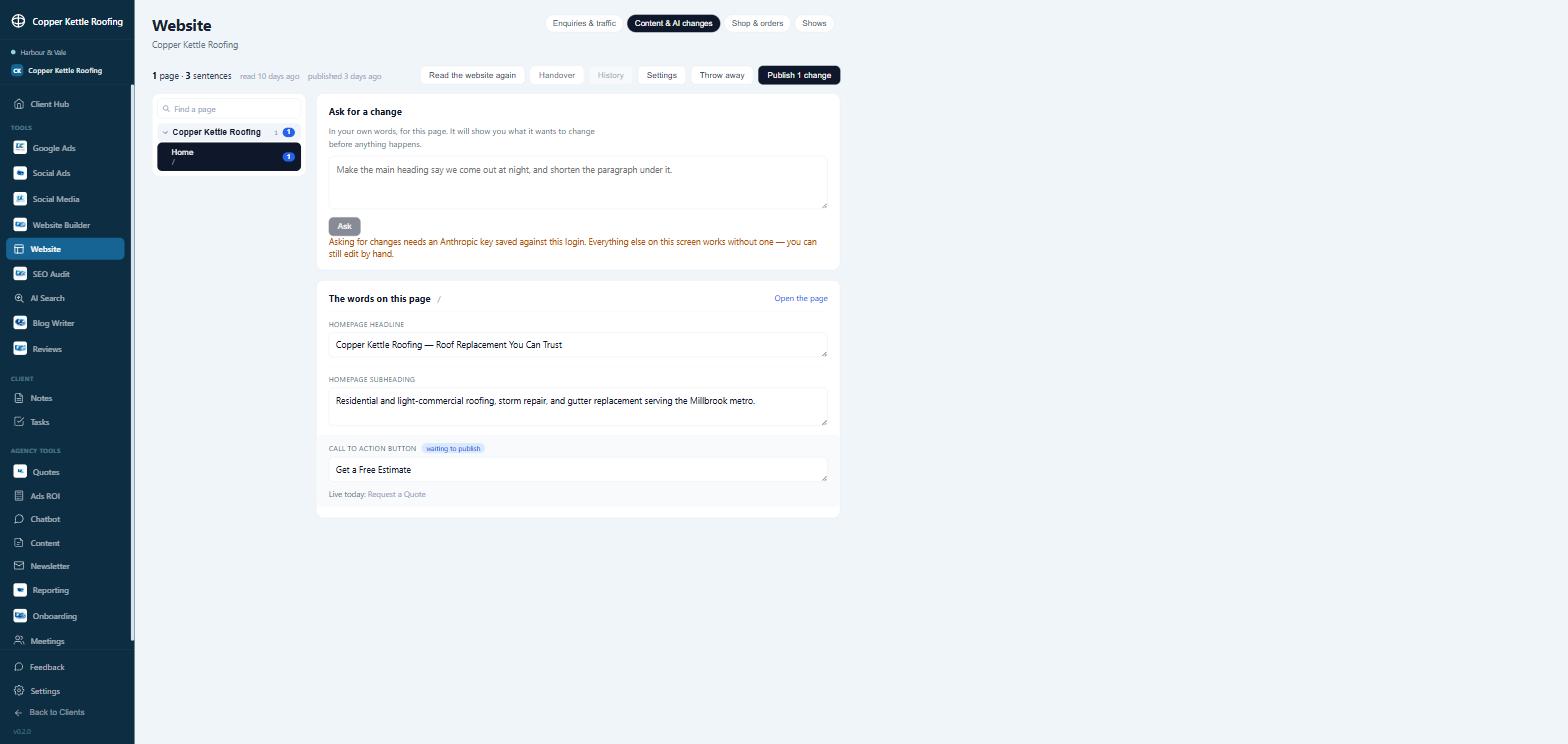 The content editor: a homepage headline, subheading and call-to-action, with one change waiting to publish
